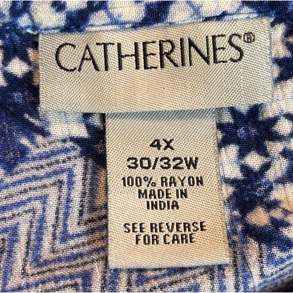 Catherines Womens 4X Blue White Geometric Boho Patchwork Top Boho Rayon Long Slv - Picture 4 of 7